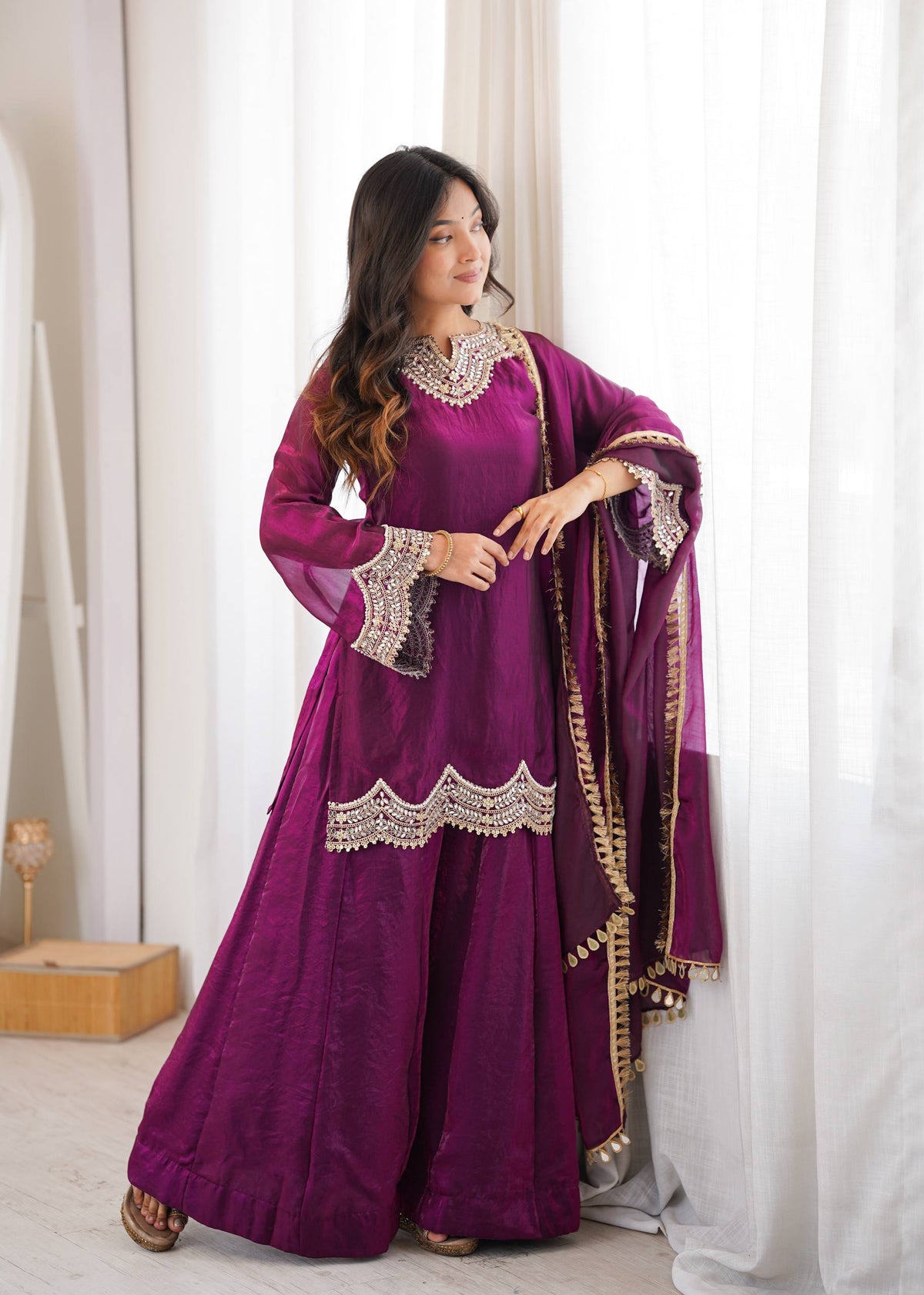 Anika Premium Silk Embroidery & Mirror Work Top with Palazzo & Dupatta