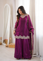 Anika Premium Silk Embroidery & Mirror Work Top with Palazzo & Dupatta