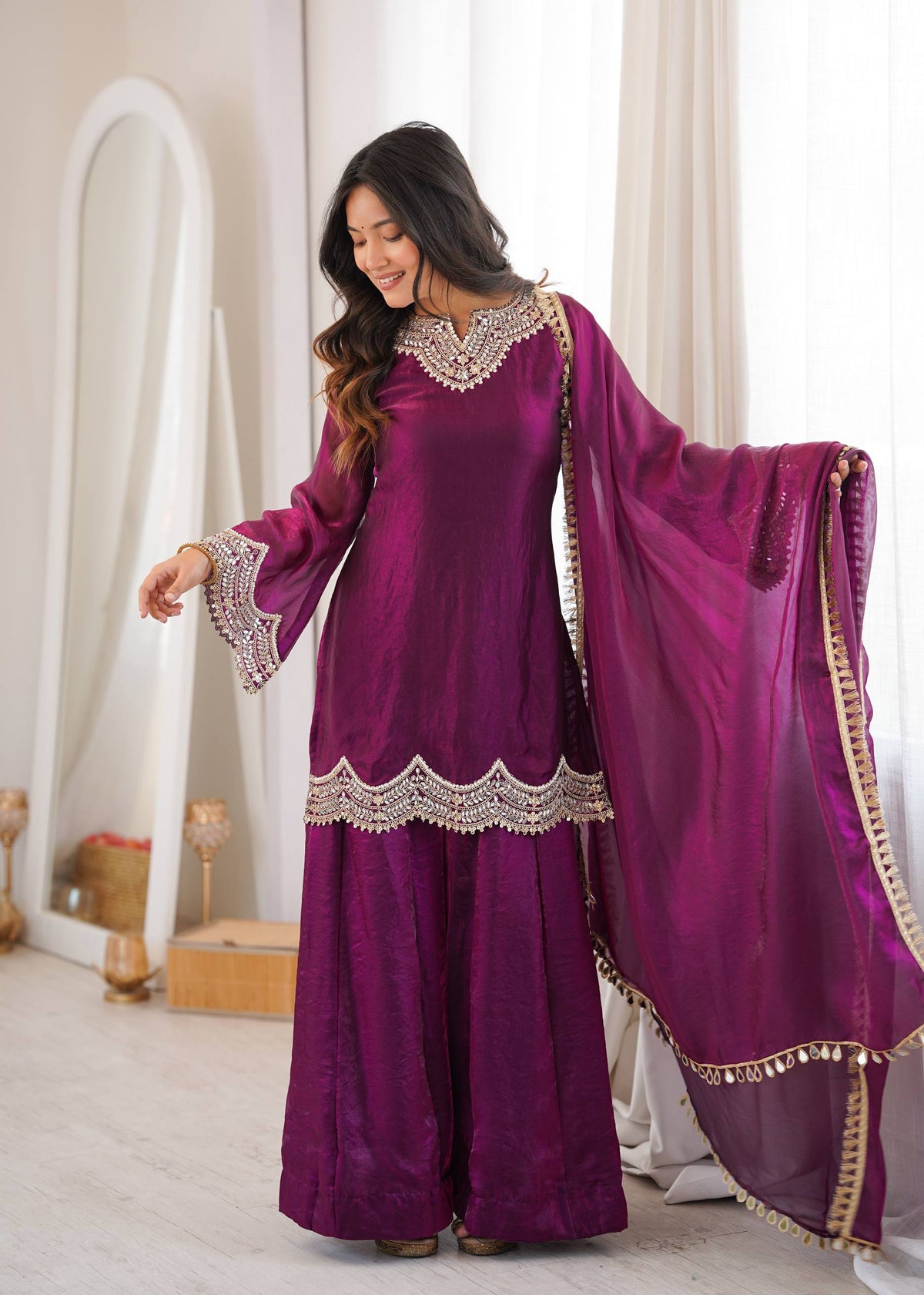 Anika Premium Silk Embroidery & Mirror Work Top with Palazzo & Dupatta
