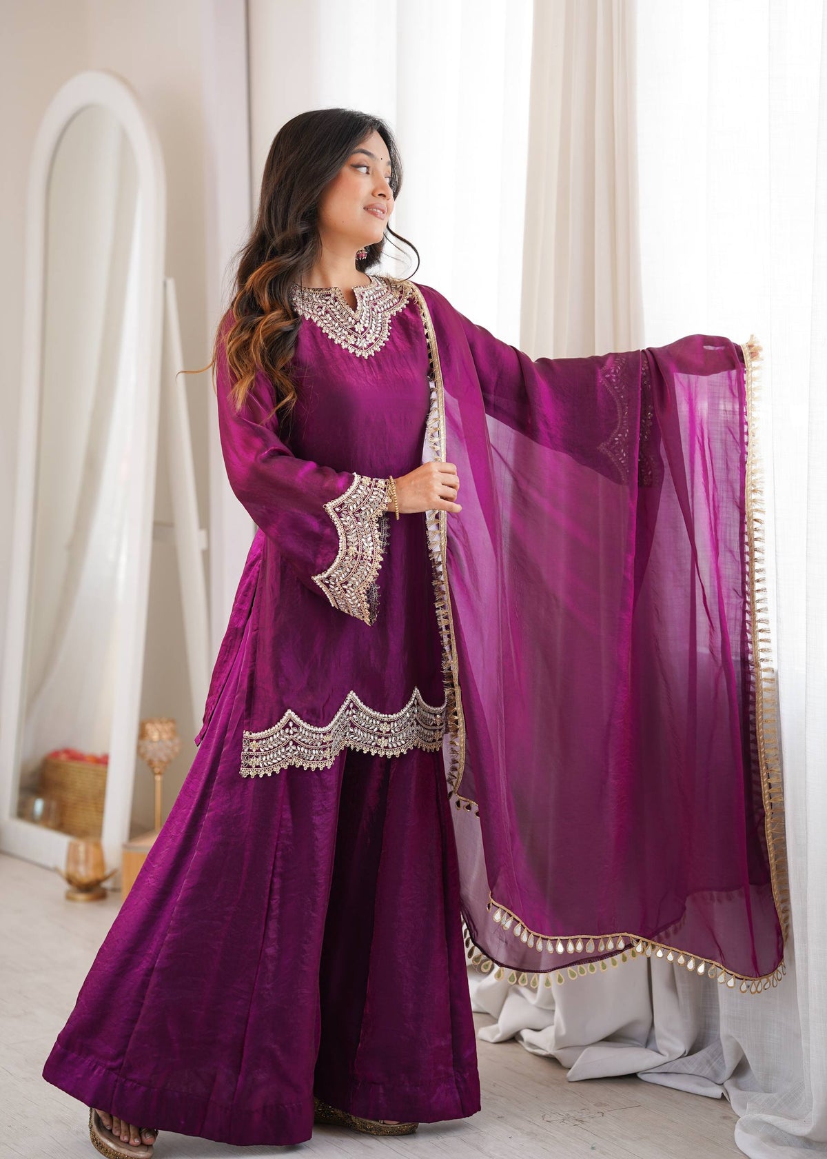 Anika Premium Silk Embroidery & Mirror Work Top with Palazzo & Dupatta