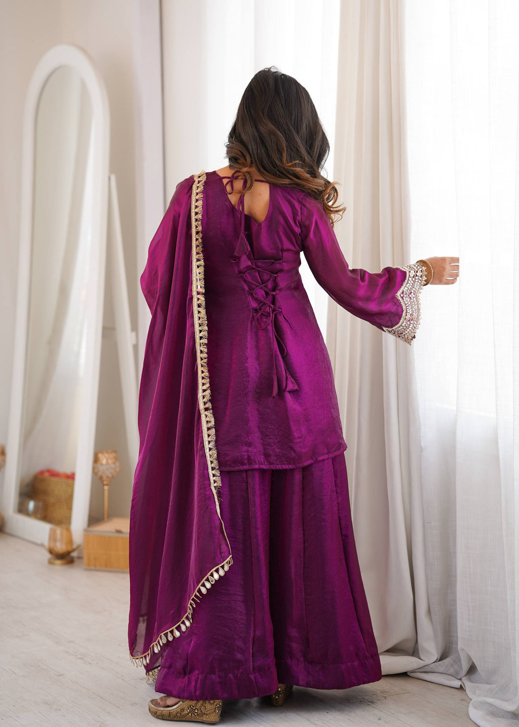 Anika Premium Silk Embroidery & Mirror Work Top with Palazzo & Dupatta