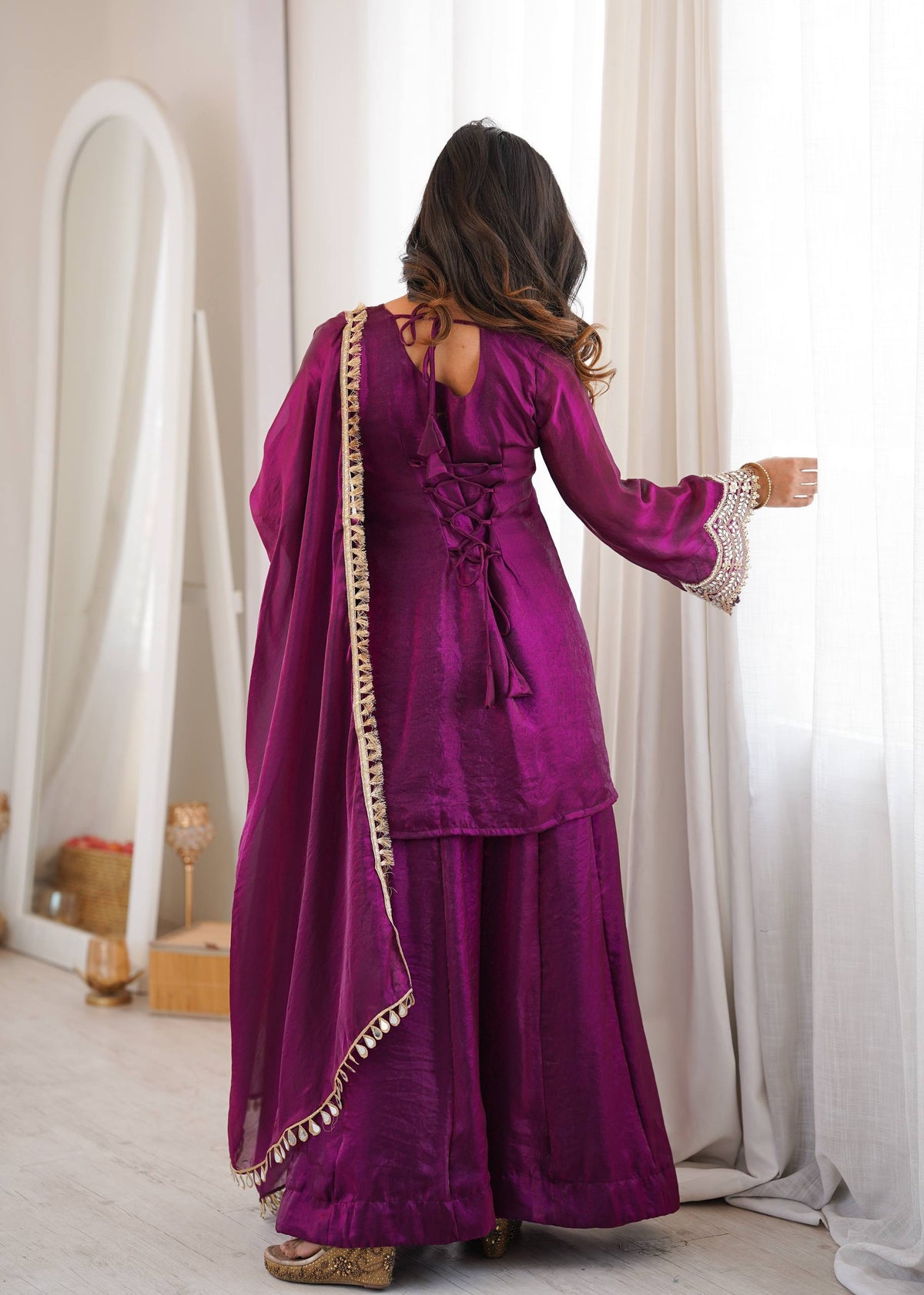 Anika Premium Silk Embroidery & Mirror Work Top with Palazzo & Dupatta