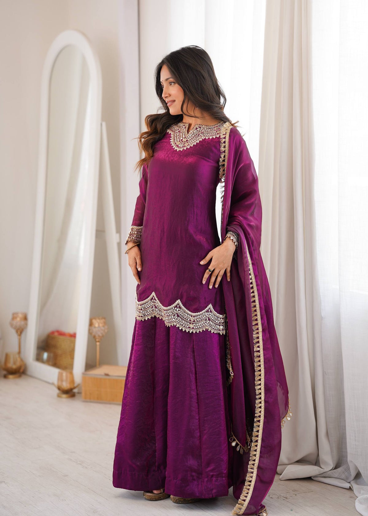 Anika Premium Silk Embroidery & Mirror Work Top with Palazzo & Dupatta