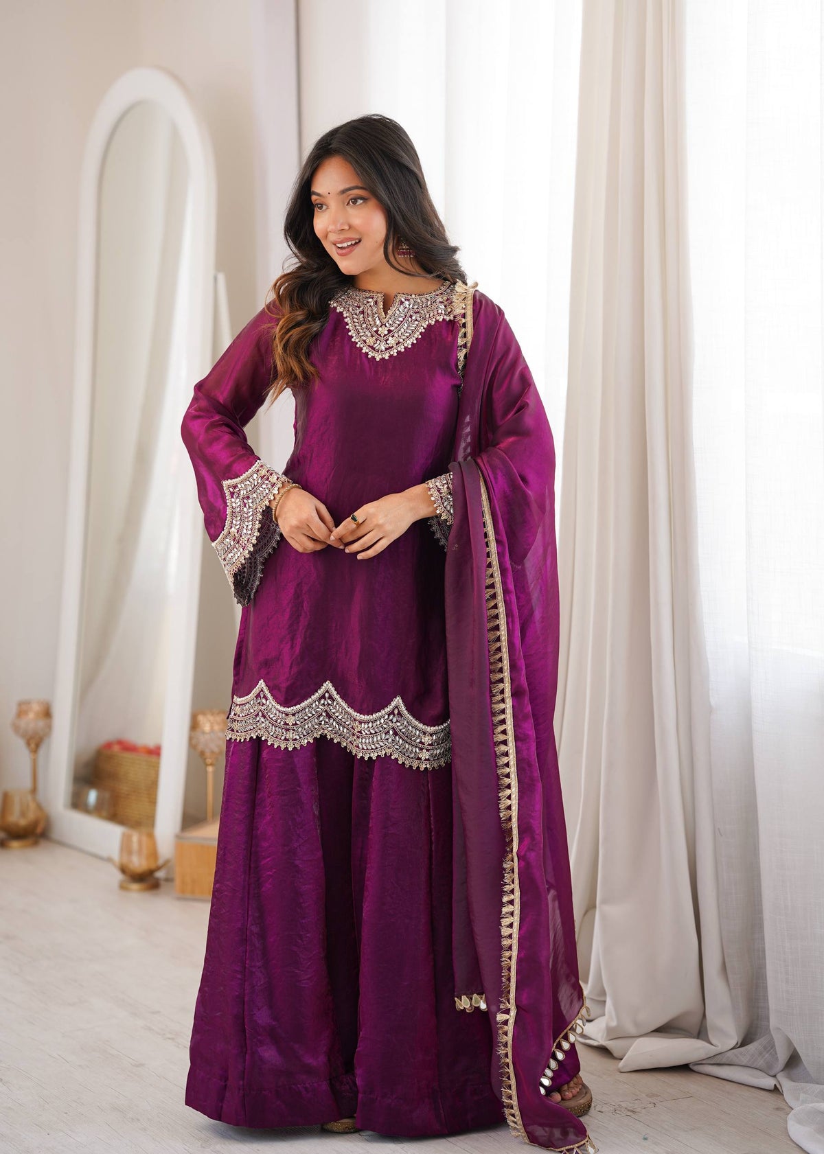 Anika Premium Silk Embroidery & Mirror Work Top with Palazzo & Dupatta