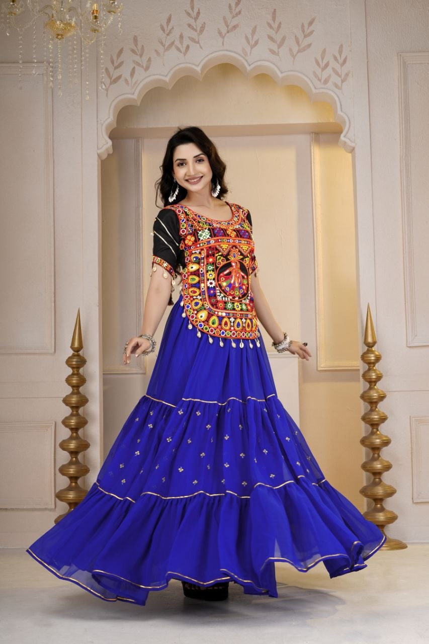 Aadhya Cotton Gamthi Mirror Work Choli with Gotta Patti Lehenga