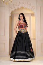 Siddhi Cotton Gamthi Mirror Work Choli with Crepe Lehenga & Jacket