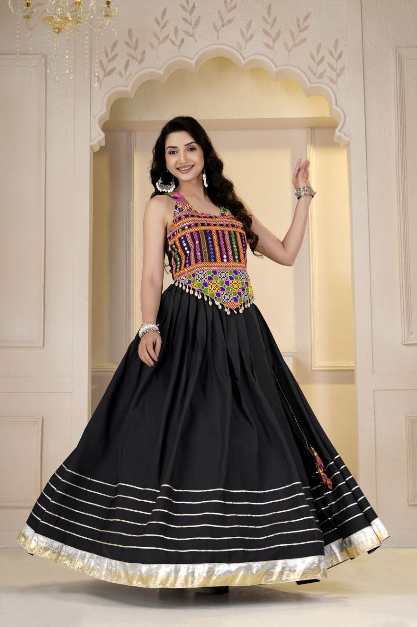 Siddhi Cotton Gamthi Mirror Work Choli with Crepe Lehenga & Jacket