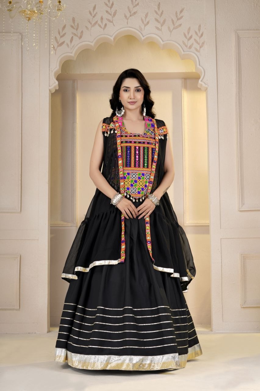 Siddhi Cotton Gamthi Mirror Work Choli with Crepe Lehenga & Jacket