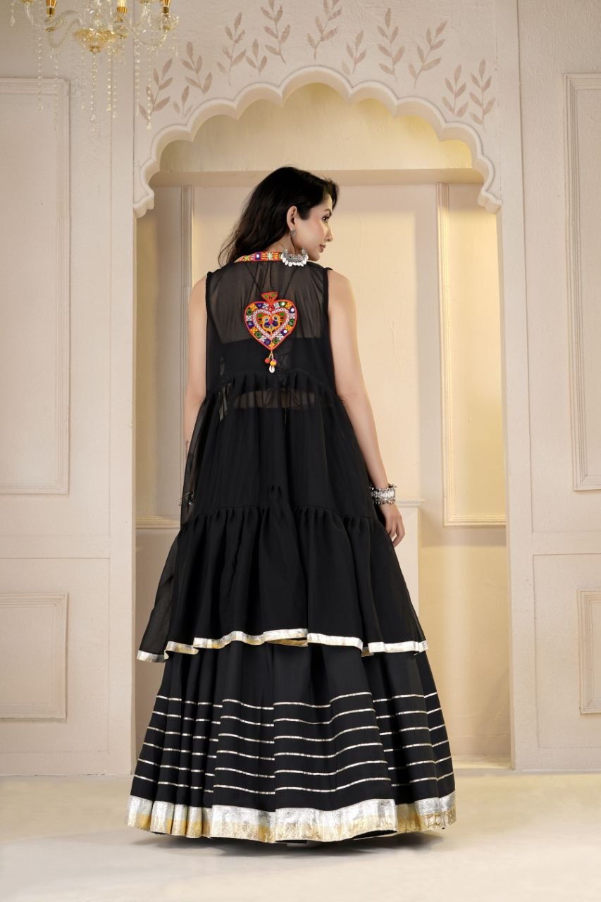 Siddhi Cotton Gamthi Mirror Work Choli with Crepe Lehenga & Jacket