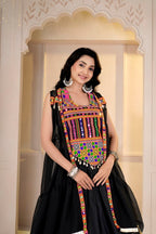 Siddhi Cotton Gamthi Mirror Work Choli with Crepe Lehenga & Jacket