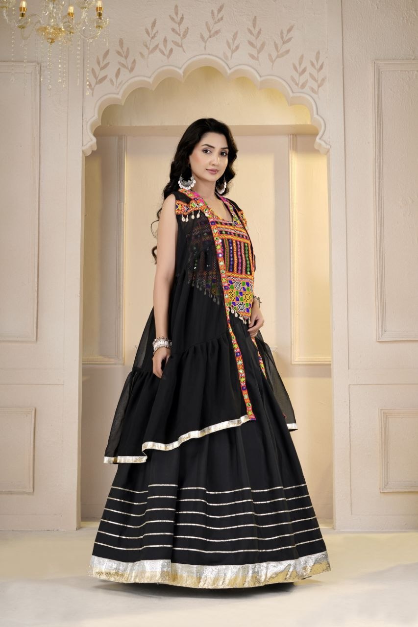 Siddhi Cotton Gamthi Mirror Work Choli with Crepe Lehenga & Jacket