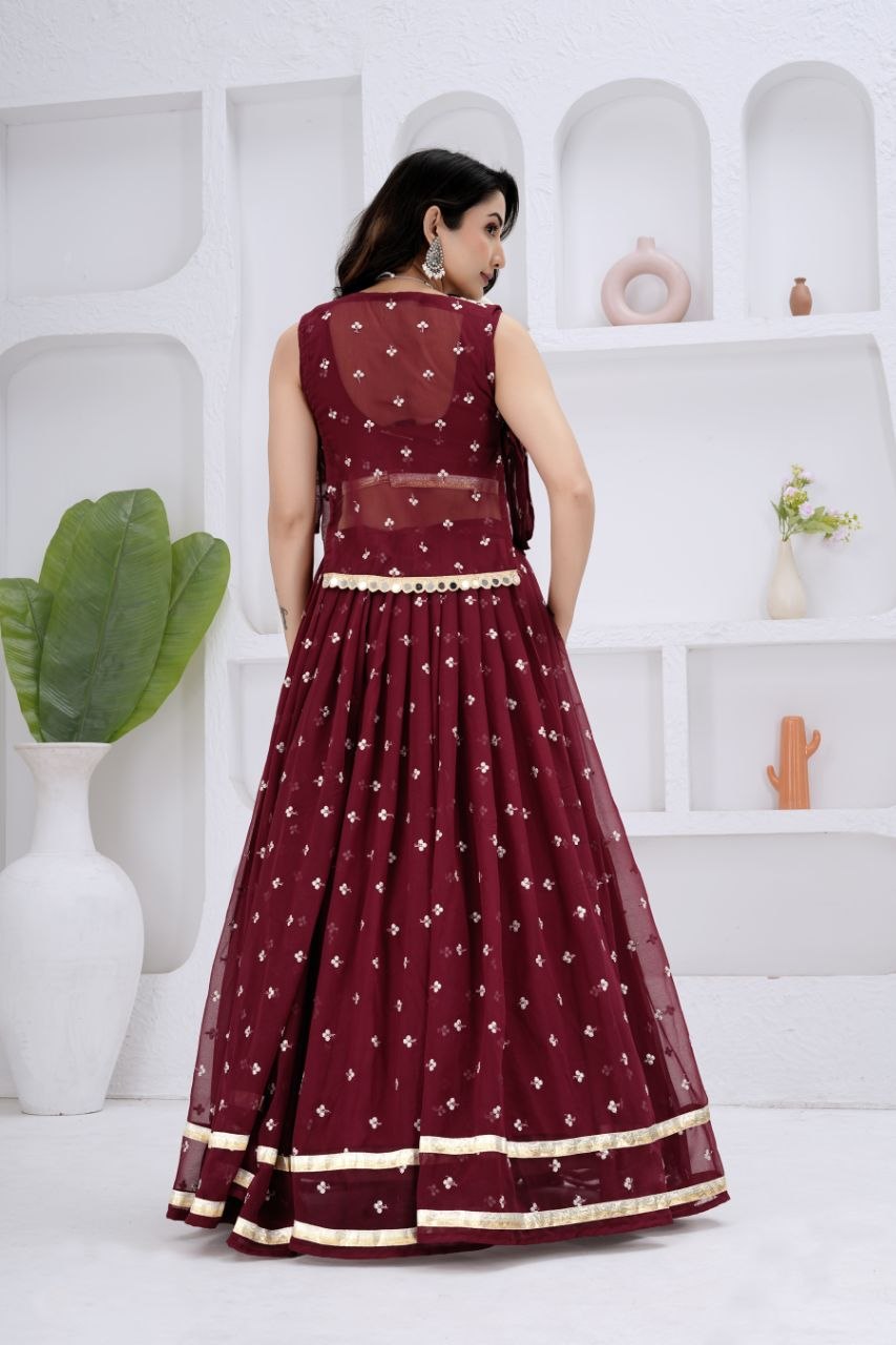 Gauri Georgette Lehenga with Sleeveless Choli & Mirror Work Jacket