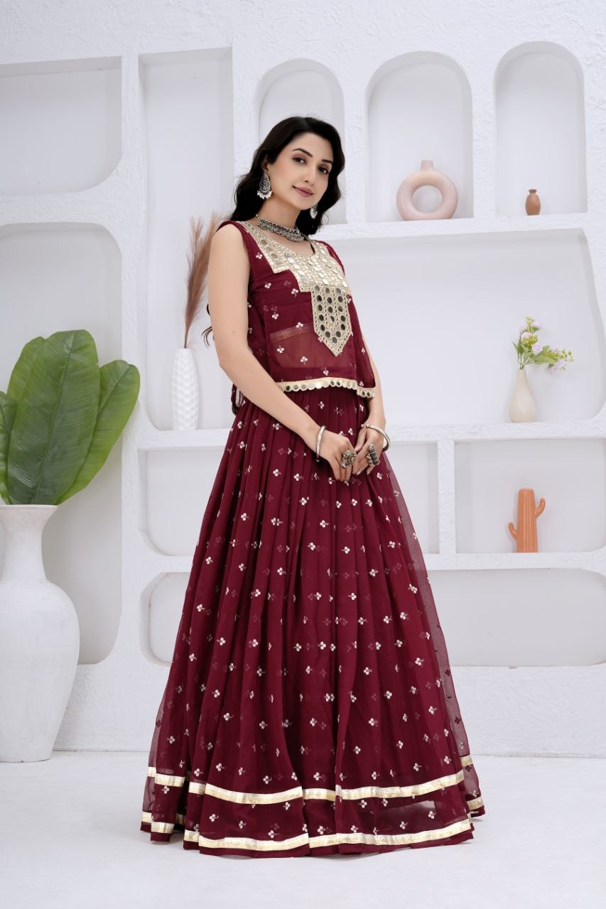 Gauri Georgette Lehenga with Sleeveless Choli & Mirror Work Jacket