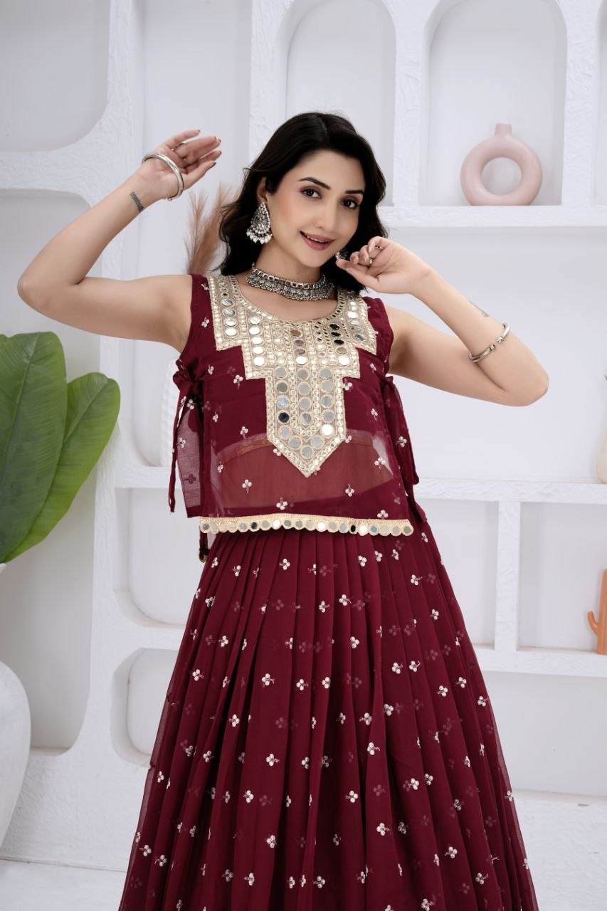 Gauri Georgette Lehenga with Sleeveless Choli & Mirror Work Jacket