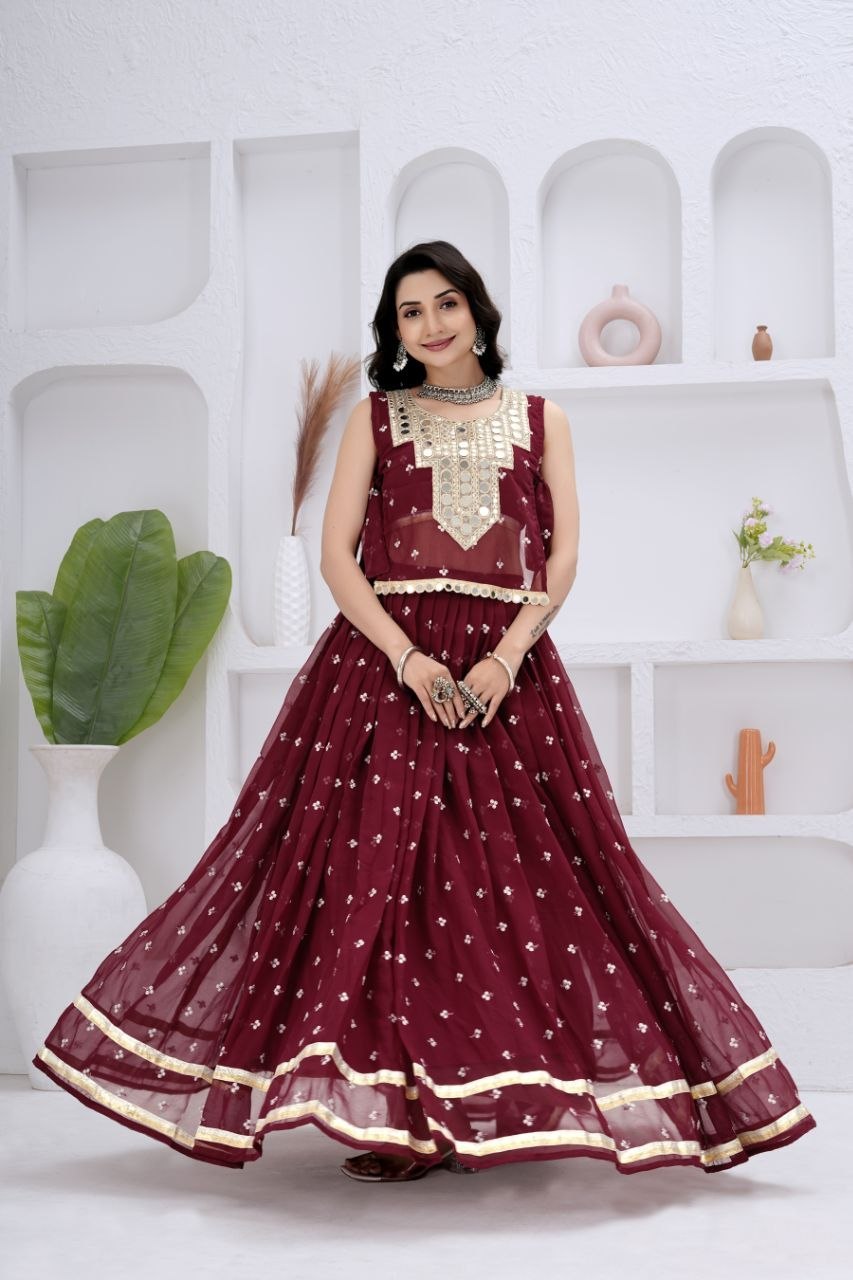 Gauri Georgette Lehenga with Sleeveless Choli & Mirror Work Jacket