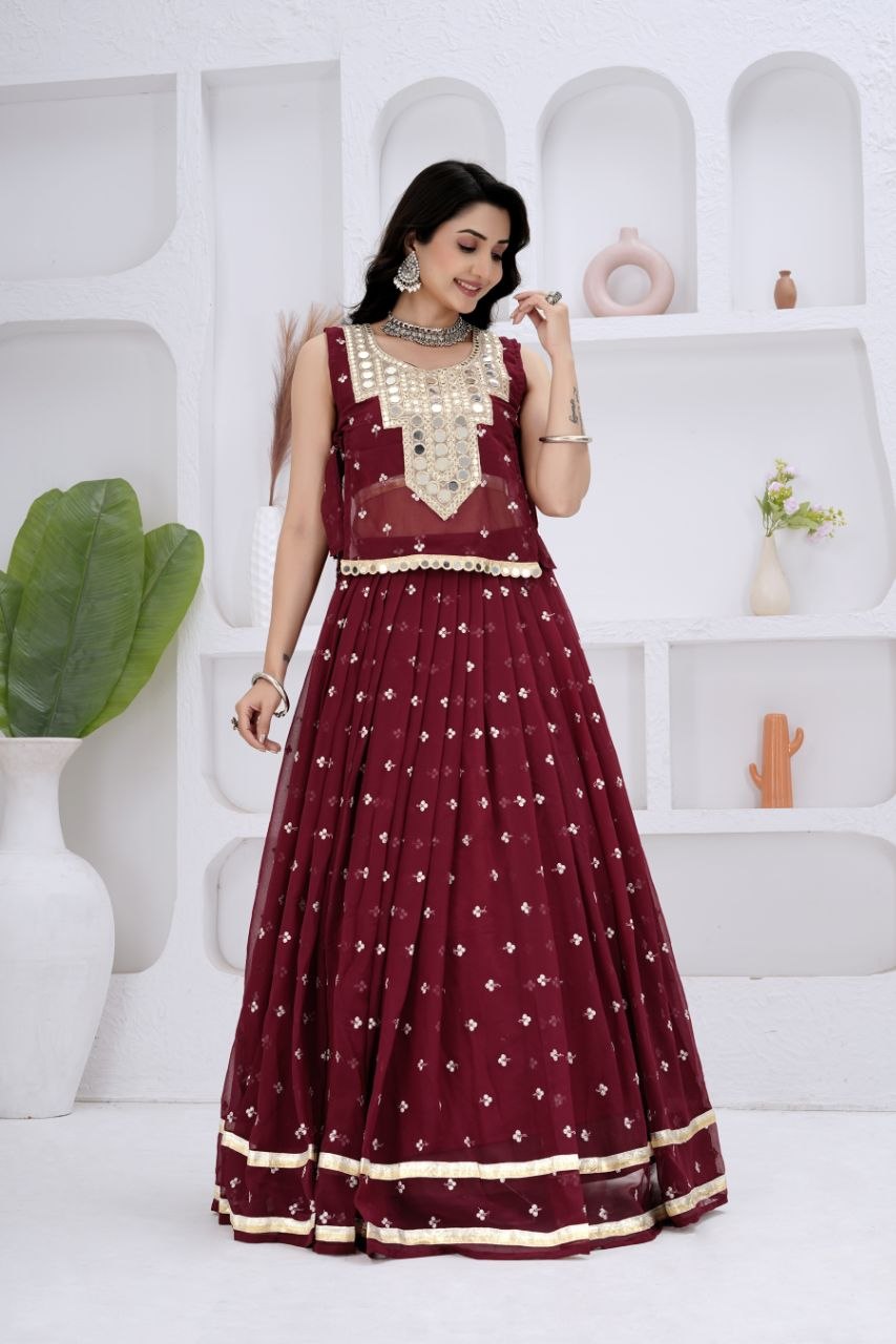 Gauri Georgette Lehenga with Sleeveless Choli & Mirror Work Jacket