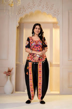 Ambika Black Cotton Kutchi Gamthi Mirror Work Dhoti & Top Set for Garba