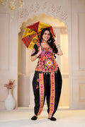 Ambika Black Cotton Kutchi Gamthi Mirror Work Dhoti & Top Set for Garba