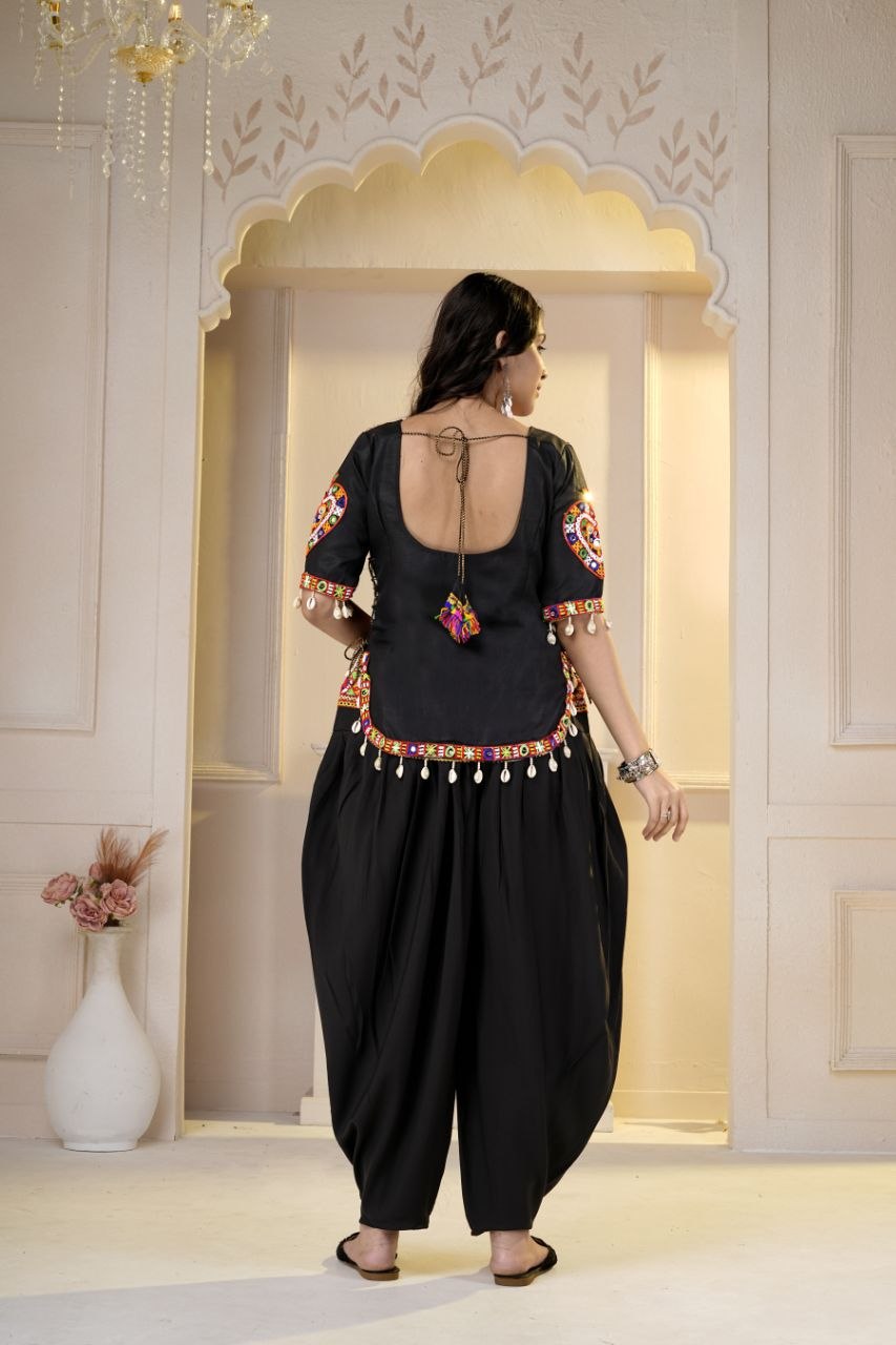 Ambika Black Cotton Kutchi Gamthi Mirror Work Dhoti & Top Set for Garba