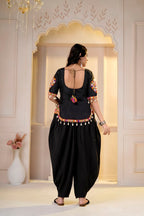 Ambika Black Cotton Kutchi Gamthi Mirror Work Dhoti & Top Set for Garba