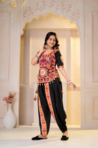 Ambika Black Cotton Kutchi Gamthi Mirror Work Dhoti & Top Set for Garba
