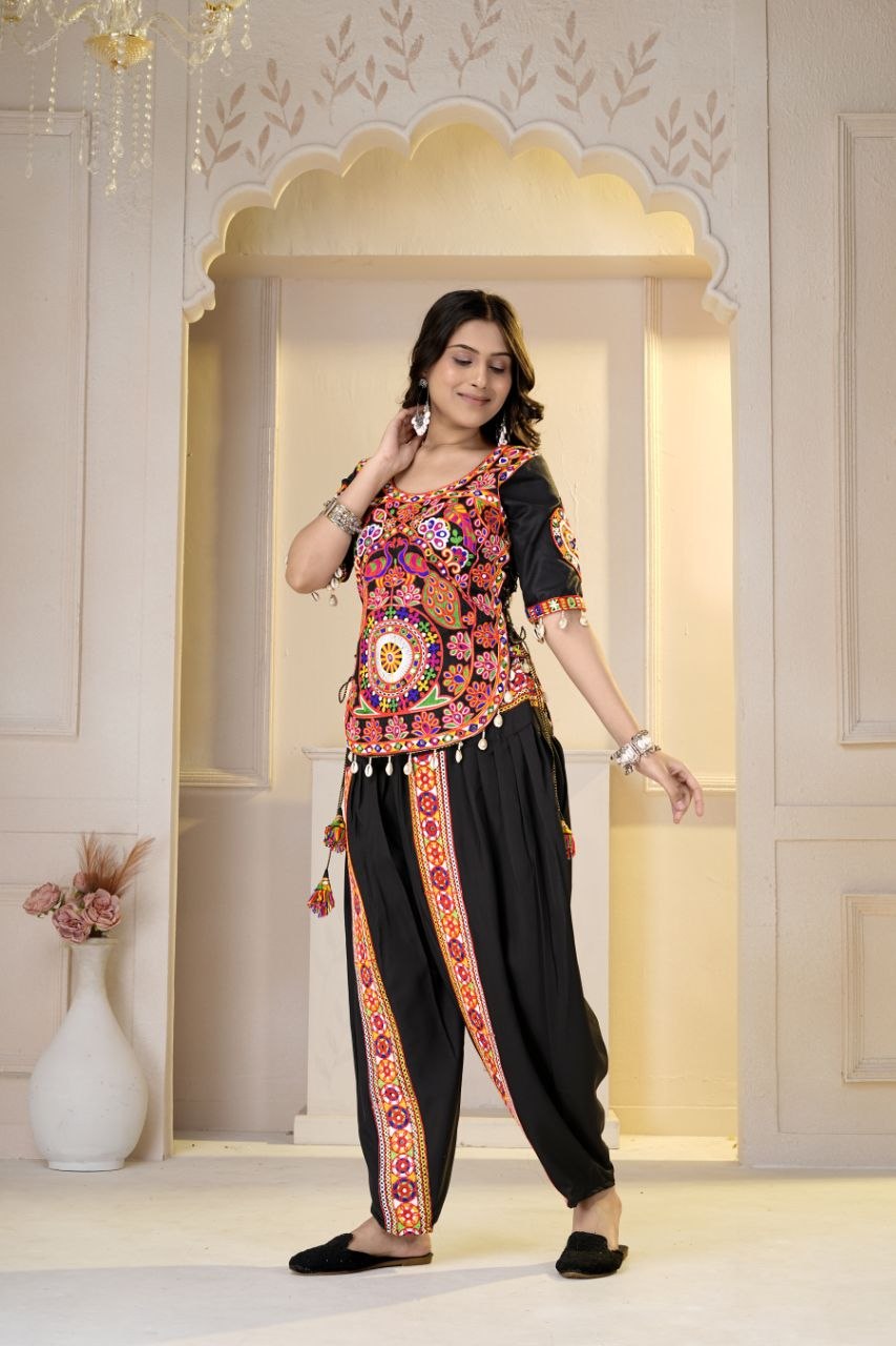 Ambika Black Cotton Kutchi Gamthi Mirror Work Dhoti & Top Set for Garba
