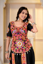 Ambika Black Cotton Kutchi Gamthi Mirror Work Dhoti & Top Set for Garba