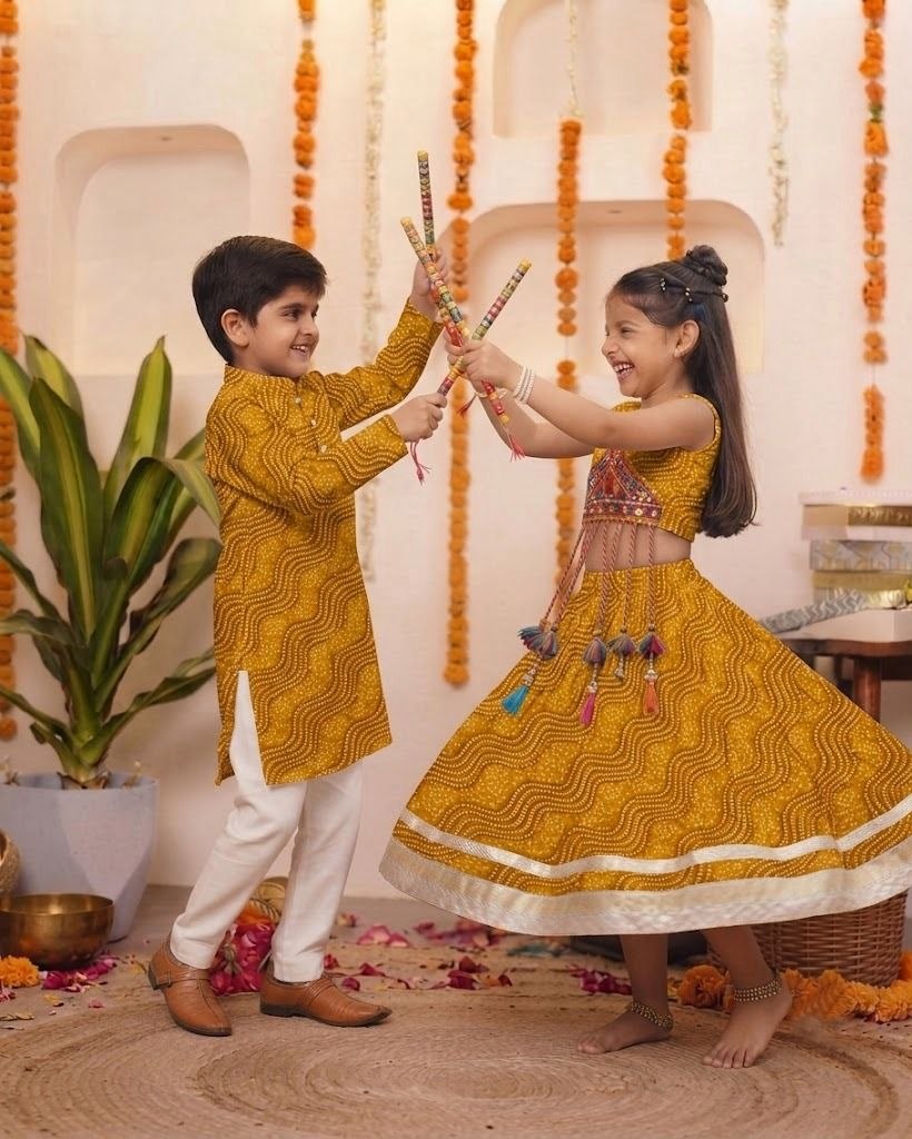 Navratri Special Bandhani Brother-Sister Matching Kurta Pyjama Set & Lehenga Choli Set