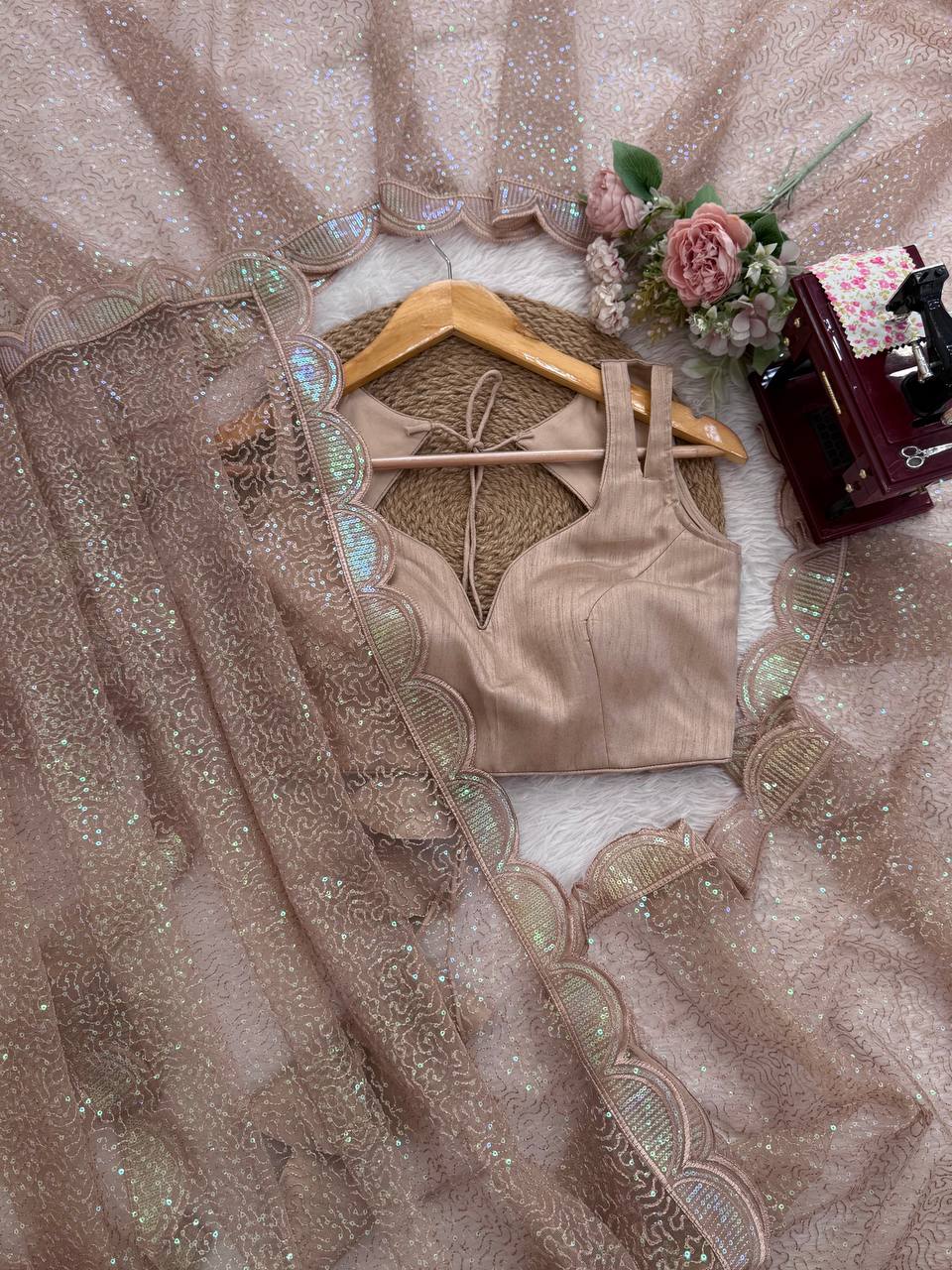 Ishita Soft Net Thread & Sequins Embroidered Saree with Benglori Silk Blouse