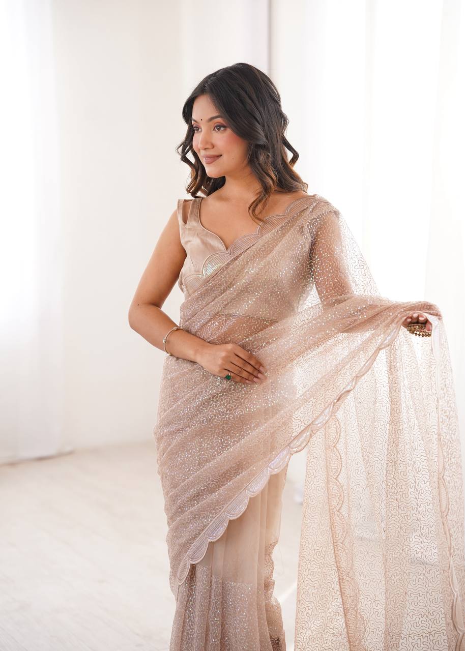 Ishita Soft Net Thread & Sequins Embroidered Saree with Benglori Silk Blouse