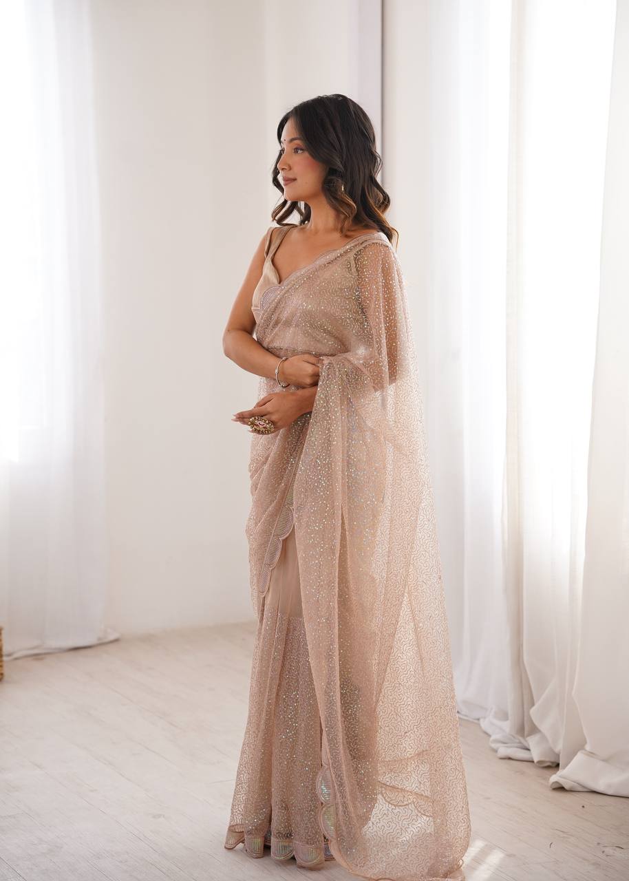 Ishita Soft Net Thread & Sequins Embroidered Saree with Benglori Silk Blouse