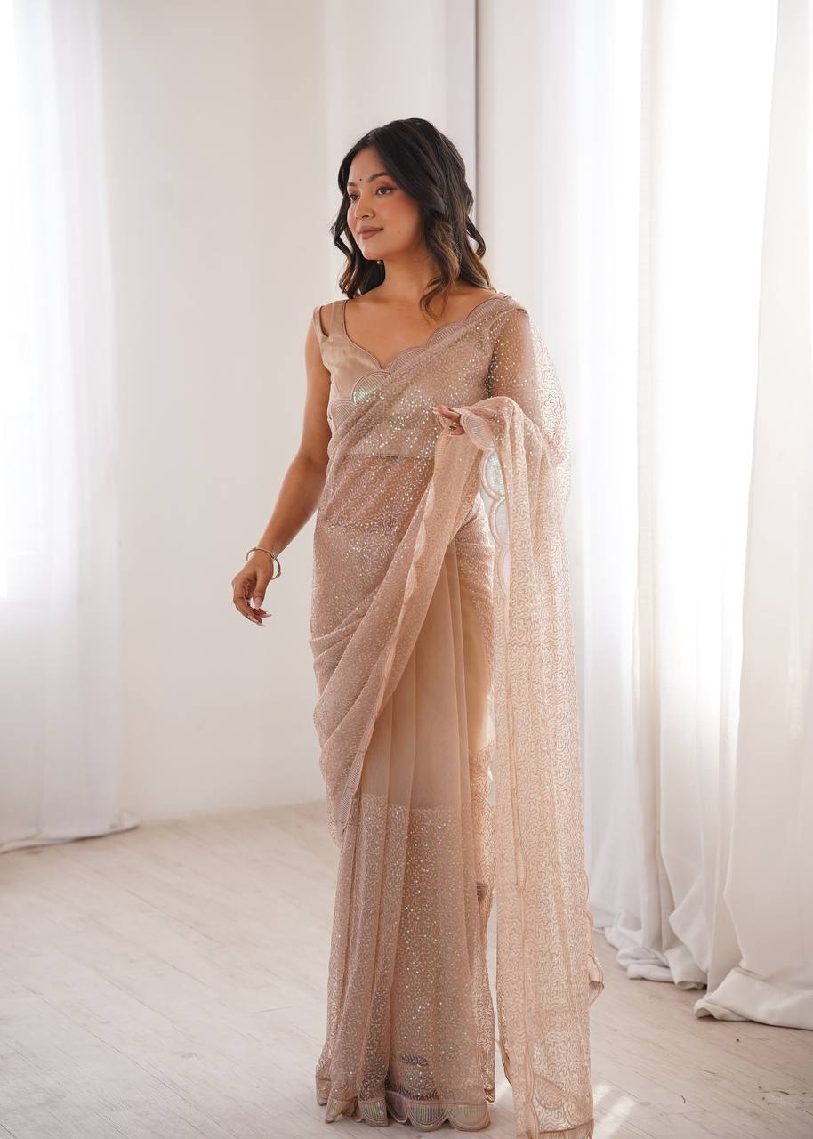 Ishita Soft Net Thread & Sequins Embroidered Saree with Benglori Silk Blouse