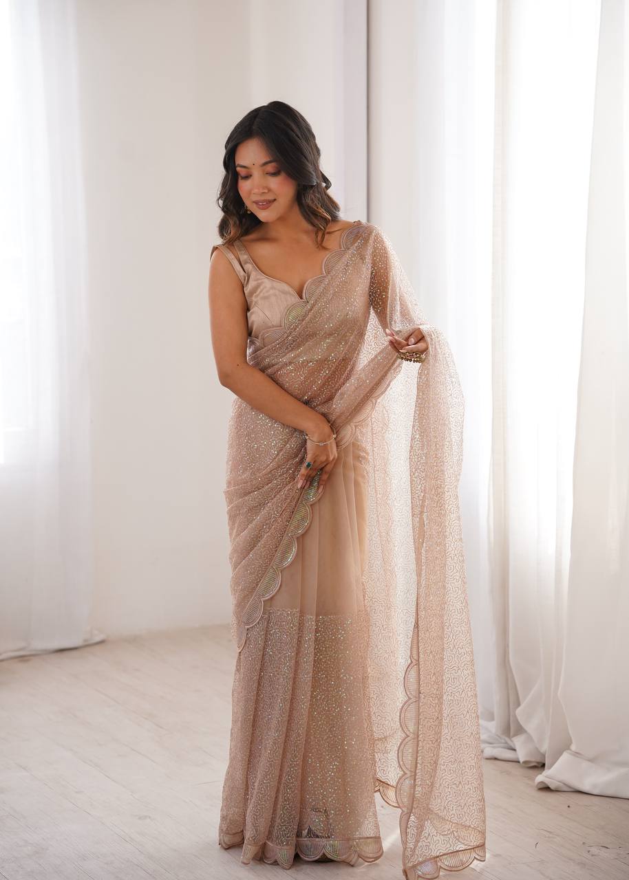 Ishita Soft Net Thread & Sequins Embroidered Saree with Benglori Silk Blouse