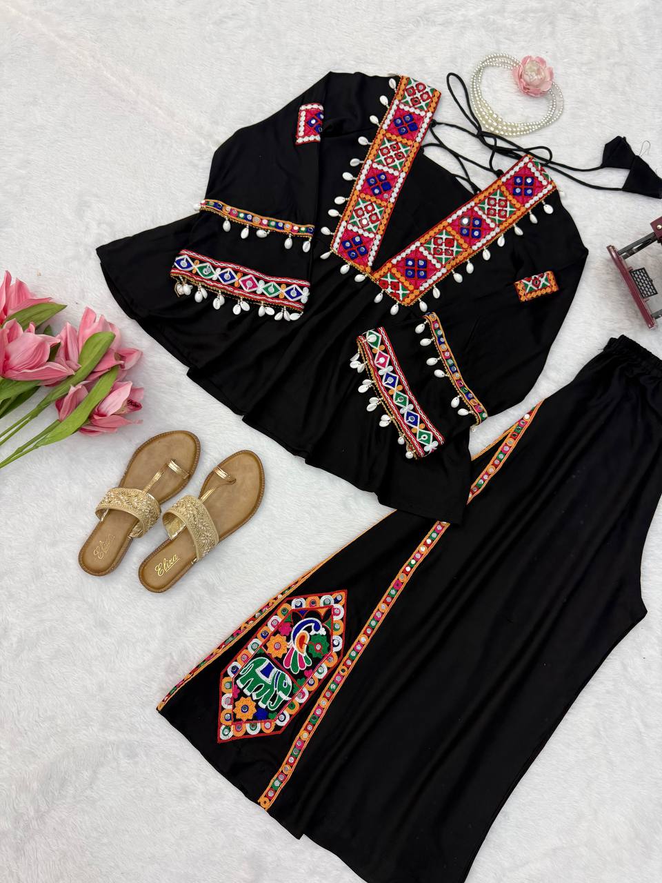 Diya Rayon Silk Mirror & Kodi Work Top with Embroidered Palazzo