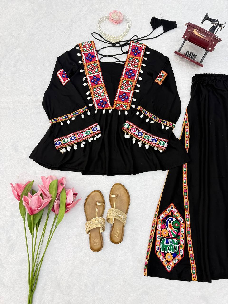 Diya Rayon Silk Mirror & Kodi Work Top with Embroidered Palazzo