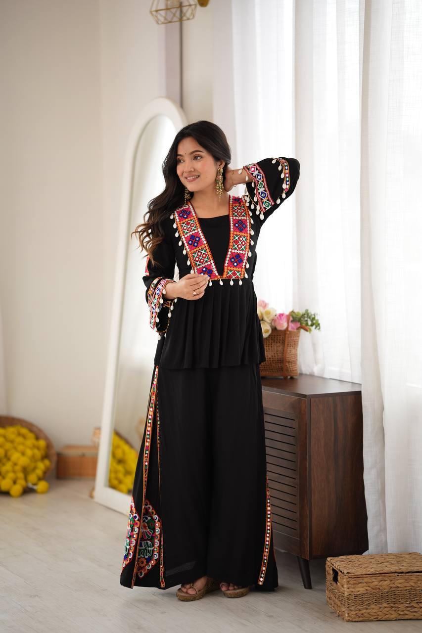 Diya Rayon Silk Mirror & Kodi Work Top with Embroidered Palazzo