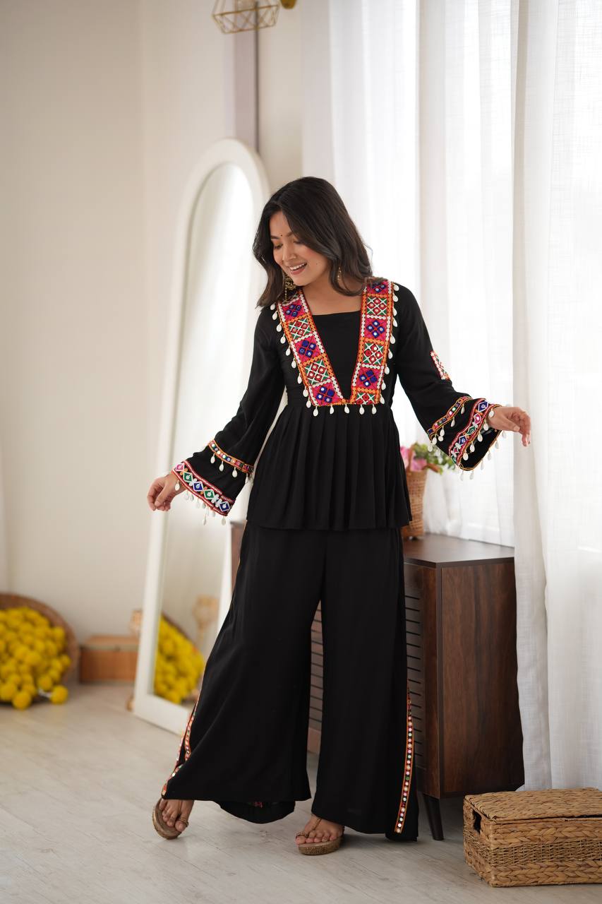 Diya Rayon Silk Mirror & Kodi Work Top with Embroidered Palazzo