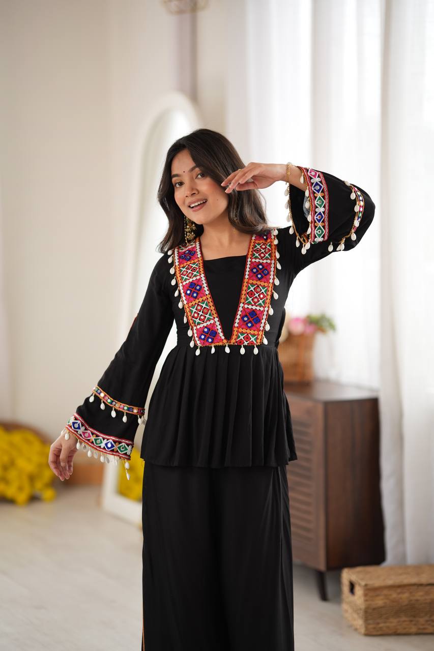 Diya Rayon Silk Mirror & Kodi Work Top with Embroidered Palazzo