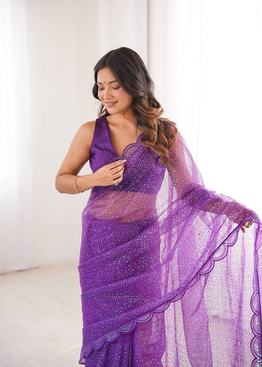 Ishita Soft Net Thread & Sequins Embroidered Saree with Benglori Silk Blouse