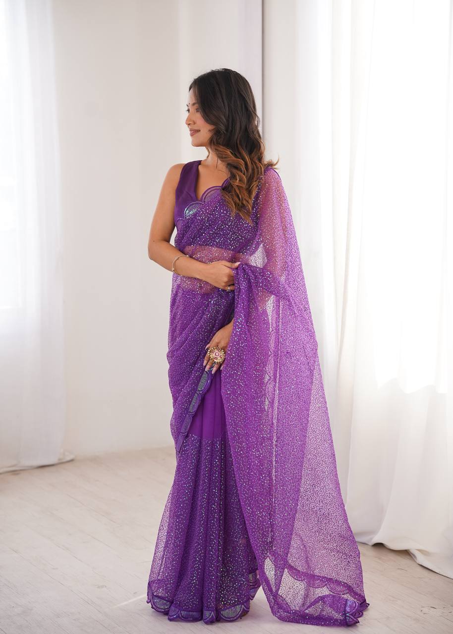 Ishita Soft Net Thread & Sequins Embroidered Saree with Benglori Silk Blouse