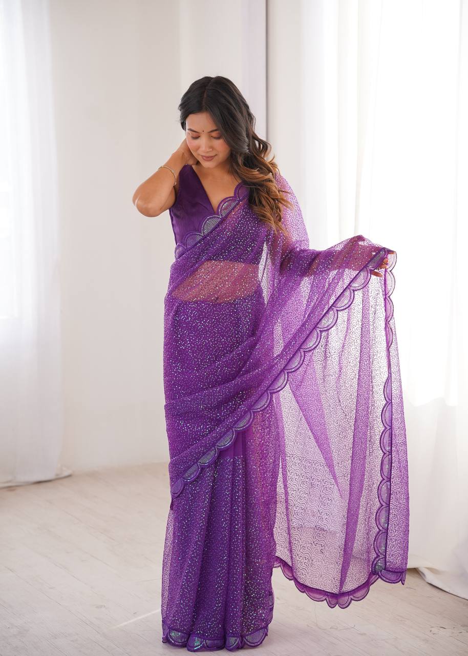 Ishita Soft Net Thread & Sequins Embroidered Saree with Benglori Silk Blouse
