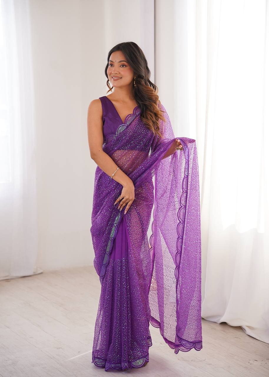 Ishita Soft Net Thread & Sequins Embroidered Saree with Benglori Silk Blouse
