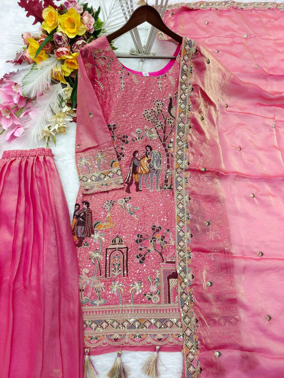 Aahana Silk Sequins & Coding Embroidered Top with Sharara & Dupatta