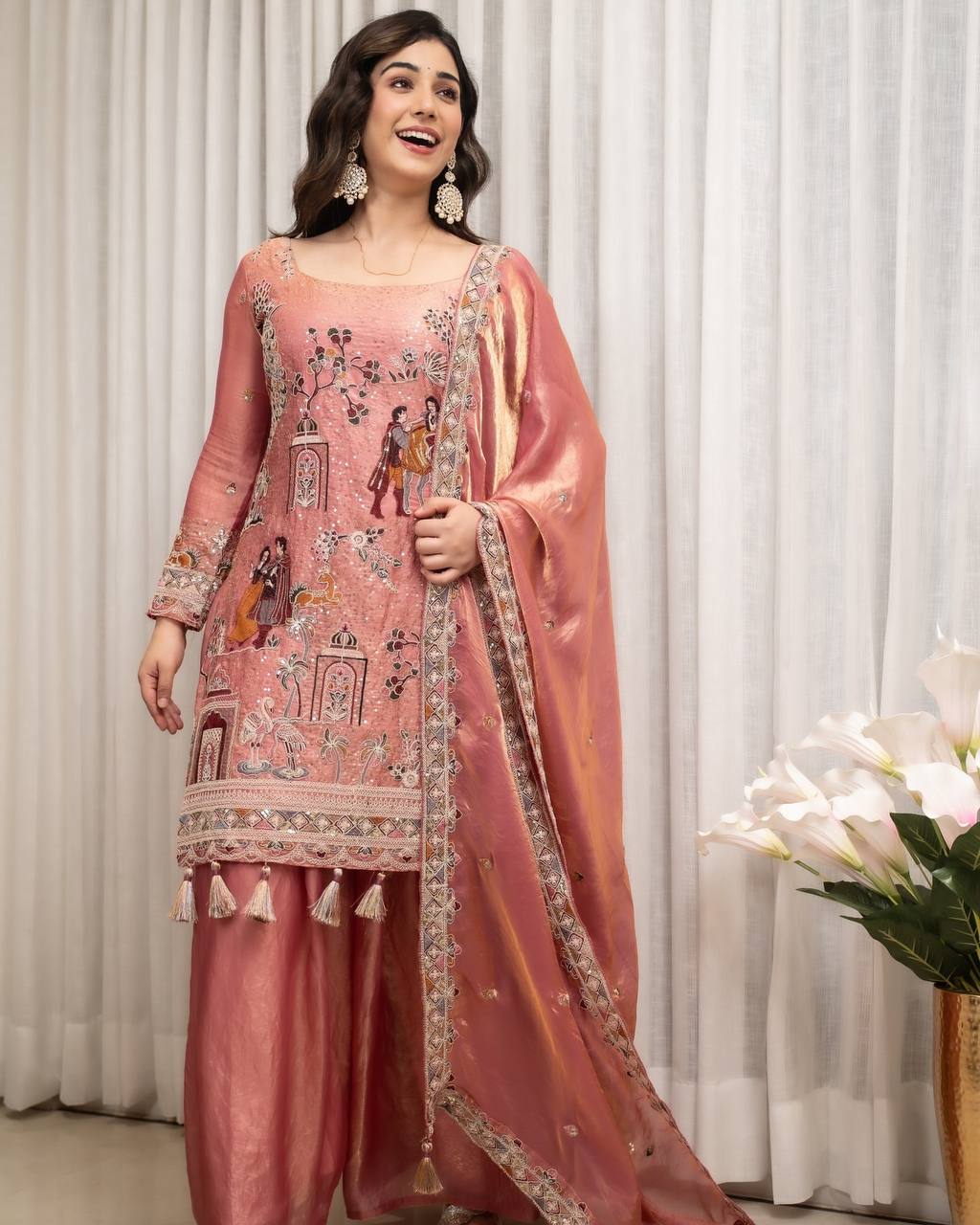 Aahana Silk Sequins & Coding Embroidered Top with Sharara & Dupatta