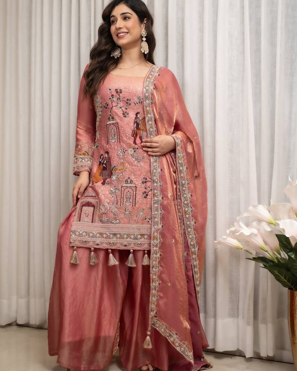 Aahana Silk Sequins & Coding Embroidered Top with Sharara & Dupatta