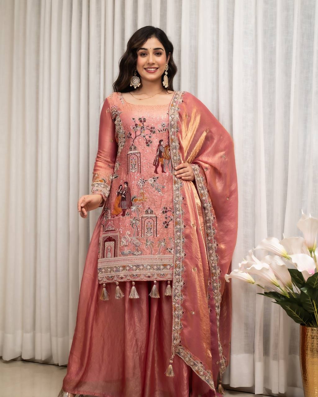 Aahana Silk Sequins & Coding Embroidered Top with Sharara & Dupatta