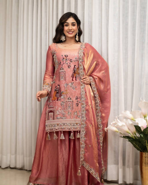Aahana Silk Sequins & Coding Embroidered Top with Sharara & Dupatta