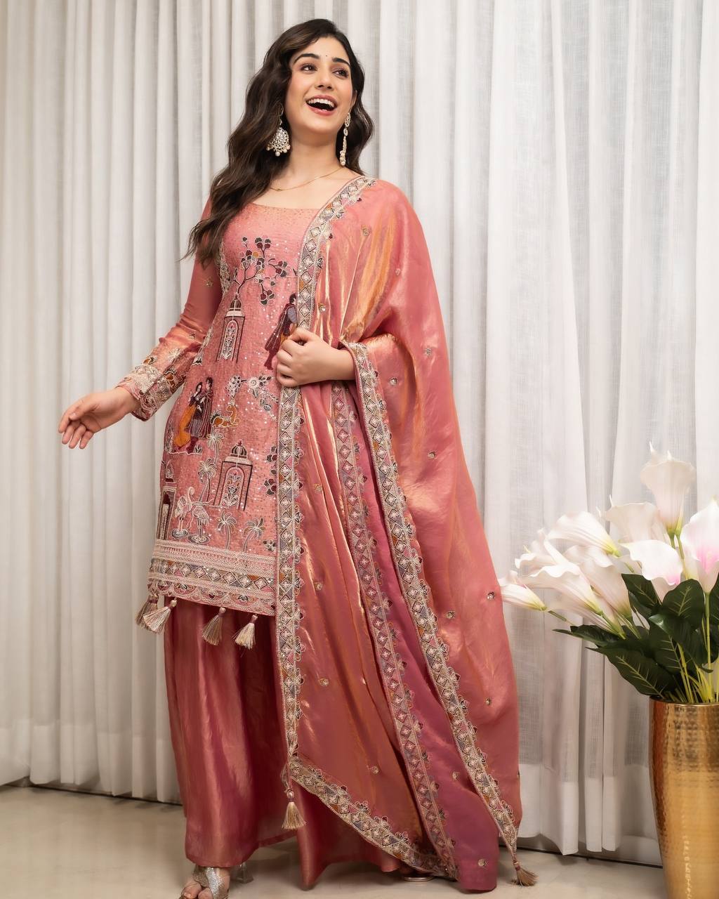 Aahana Silk Sequins & Coding Embroidered Top with Sharara & Dupatta