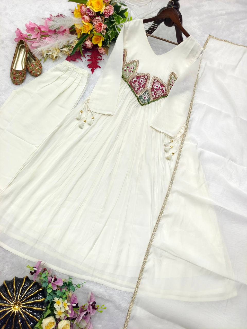 Diya Mal Chanderi Embroidered Kurti with Pant & Fancy Dupatta