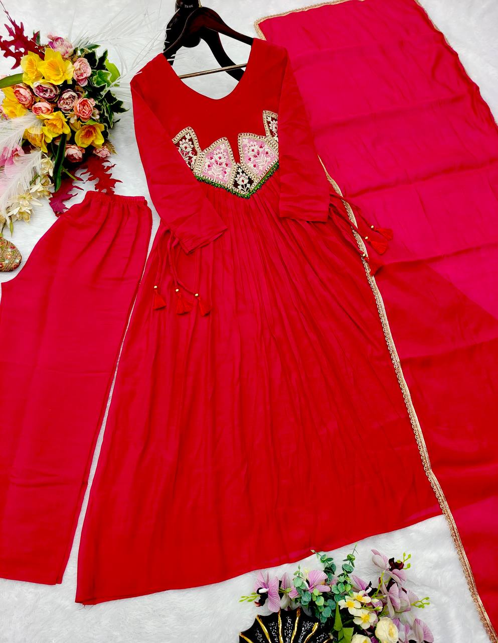 Diya Mal Chanderi Embroidered Kurti with Pant & Fancy Dupatta